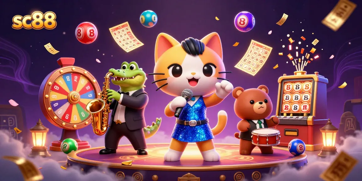 Experience the thrill of sc88 with vibrant lottery balls and lively characters on stage.