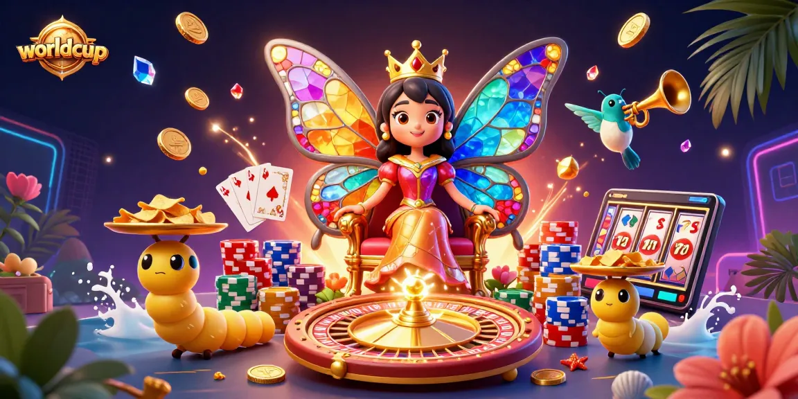 Experience the surprise of worldcup moments with a vibrant illustration of a butterfly queen amid casino treasures.