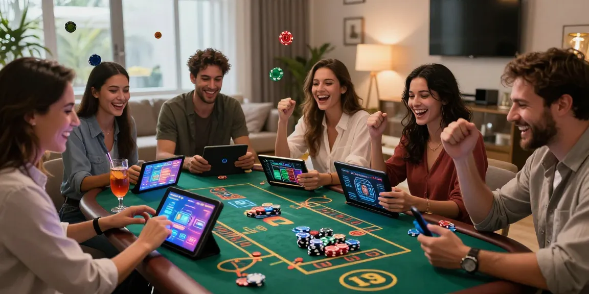 Groupe d'amis jouant au casino en ligne, ambiance festive avec lumières colorées et jeux sur table.