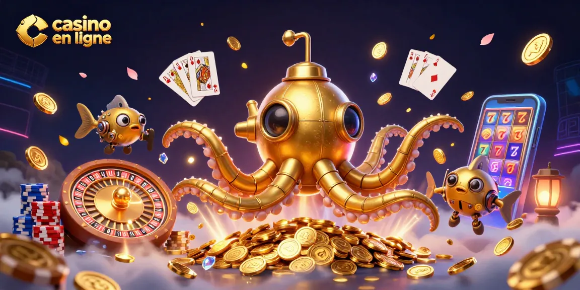 Découvrez un casino en ligne avec une illustration 3D animée, pleine de pièces d'or et de jeux captivants.