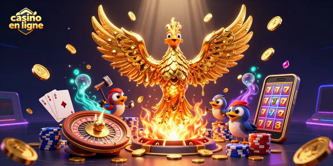 Découvrez le casino en ligne avec une illustration de phoenix doré et des éléments de jeu captivants.
