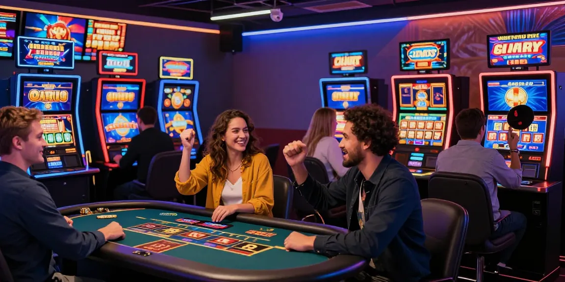 Joueurs heureux dans un casino en ligne jouant à des machines à sous et tables en direct, ambiance excitante et accessible.