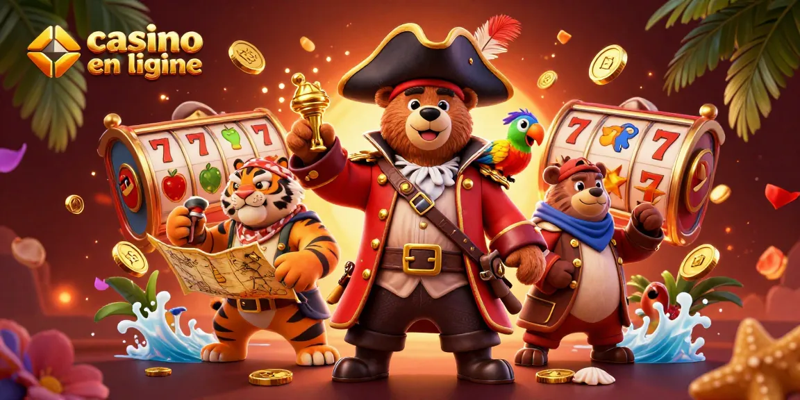 Jouez dans un casino en ligne captivant avec un ours capitaine pirate et un tigre, entourés de machines à sous.