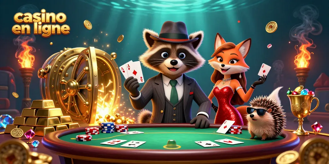 Illustration d'un casino en ligne avec un raton laveur, une renarde et un hérisson devant une porte de coffre aux trésors.