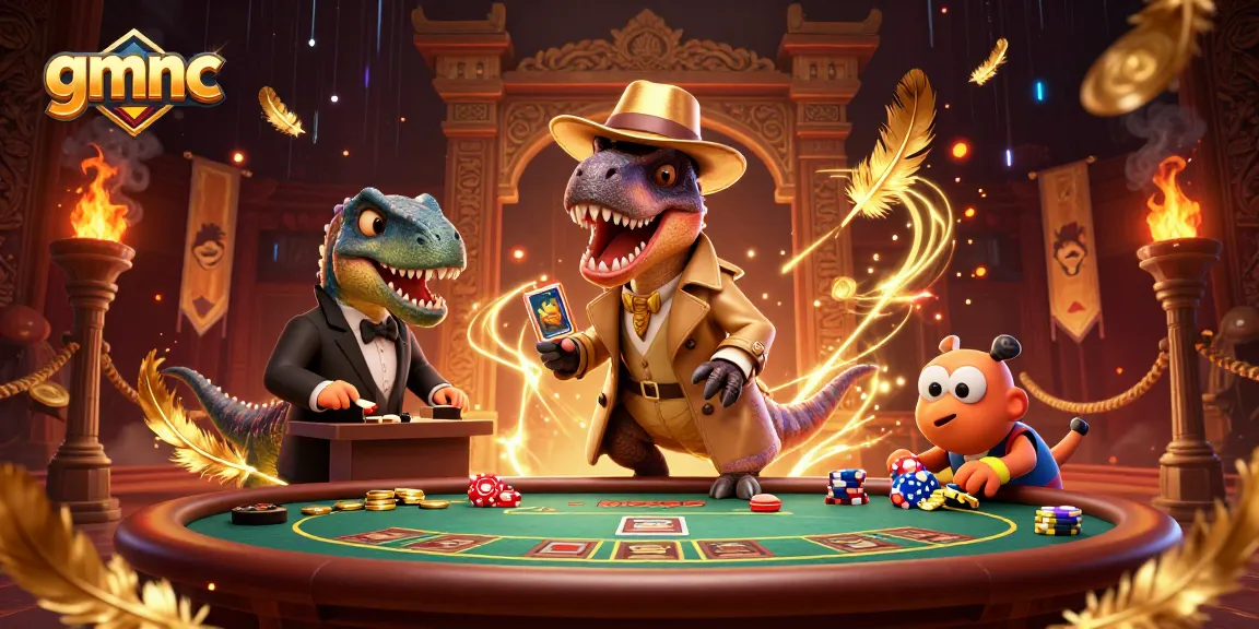 gmnc reveals a chaotic casino heist with a sneaky velociraptor and a watchful stegosaurus at a blackjack table