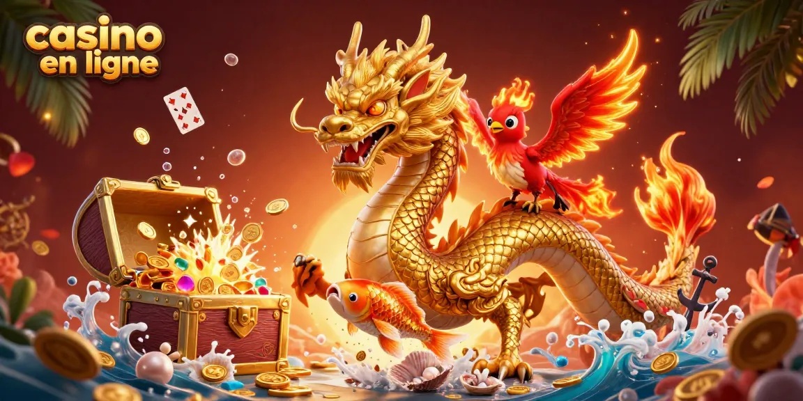 Plongez dans l'univers du casino en ligne avec un dragon doré, un phénix et des poissons chanceux entourés de trésors.