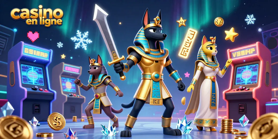 Jouez sur casino en ligne avec Anubis et Bastet au milieu des machines arcade illuminées.