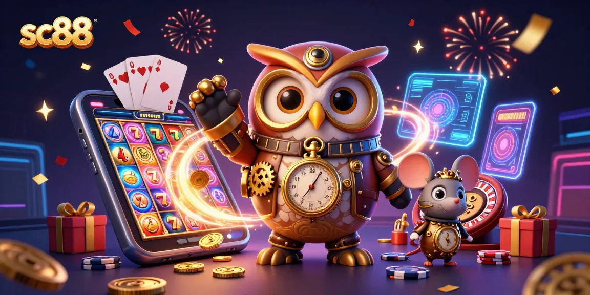 Join the fun with sc88 as a time-traveling owl and mouse dominate the vibrant casino scene!