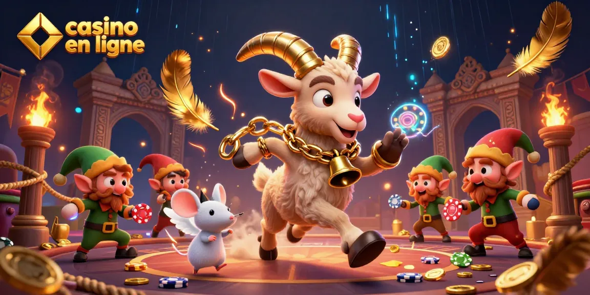 Visuel d'un casino en ligne animé avec Krampus, une souris ange et des elfes gremlins en action.
