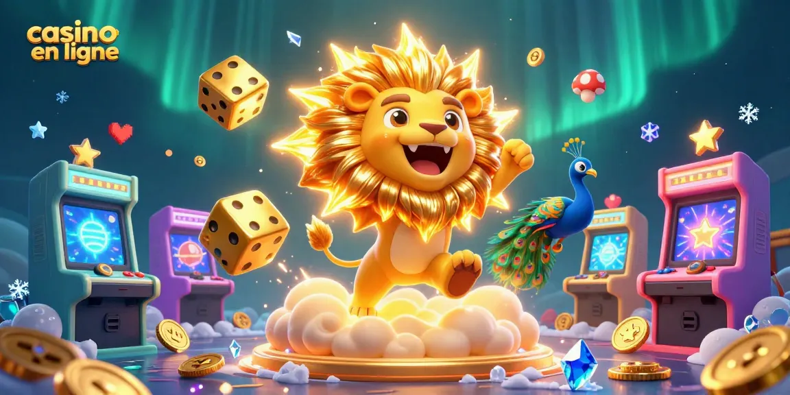 Jouer au casino en ligne avec des machines colorées et un lion solaire majestueux.