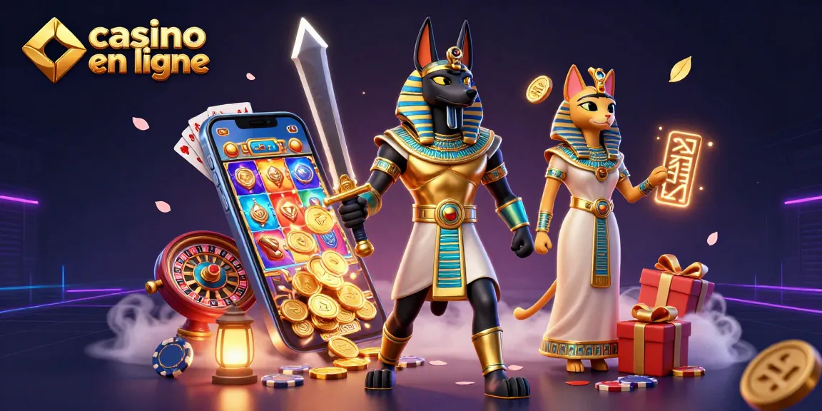 Jouer au casino en ligne avec Anubis et Bastet, entourés de jeux colorés et de jetons brillants.