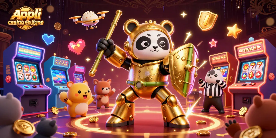 Visualisez l'appli casino en ligne avec un panda d'or en robot de combat dans une arène animée.